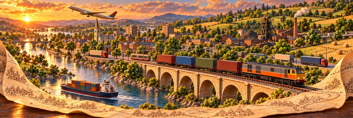 Key art, the 1970s and 80s: a diesel with container wagons on the viaduct, a container ship below.